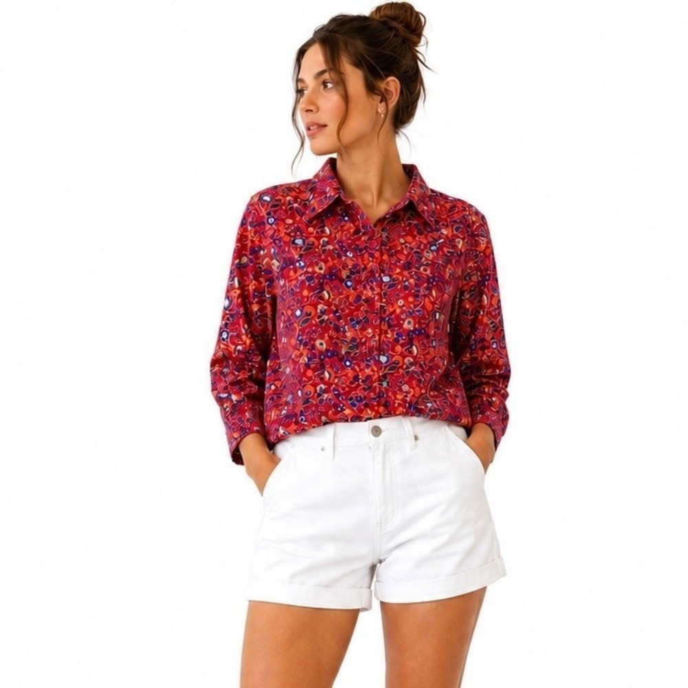 Vintage Petite M Red Blue Floral Button Front Blouse Retro Cottagecore Granny